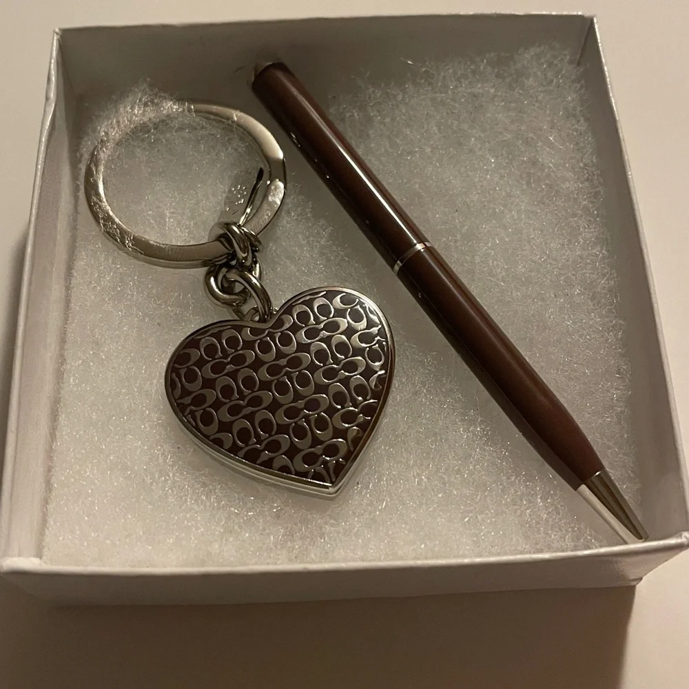 Coach Brown Heart Keychain and Pen Set